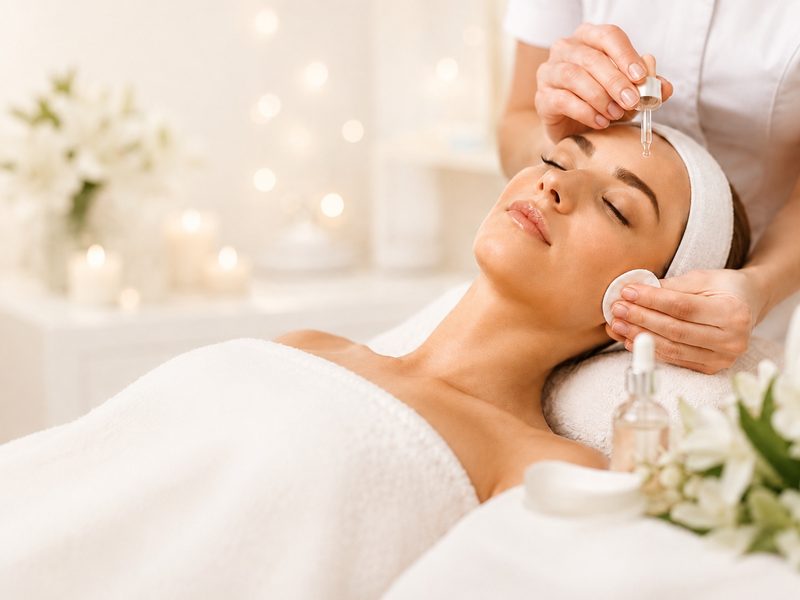 Kosmetikerin trägt bei einer Relaxbehandlung ein Serum auf die Gesichtshaut auf
