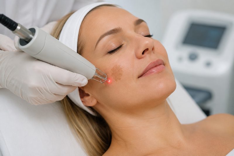 Behandlung eines Pigmentflecks auf der Wange mit dem Rubinlaser